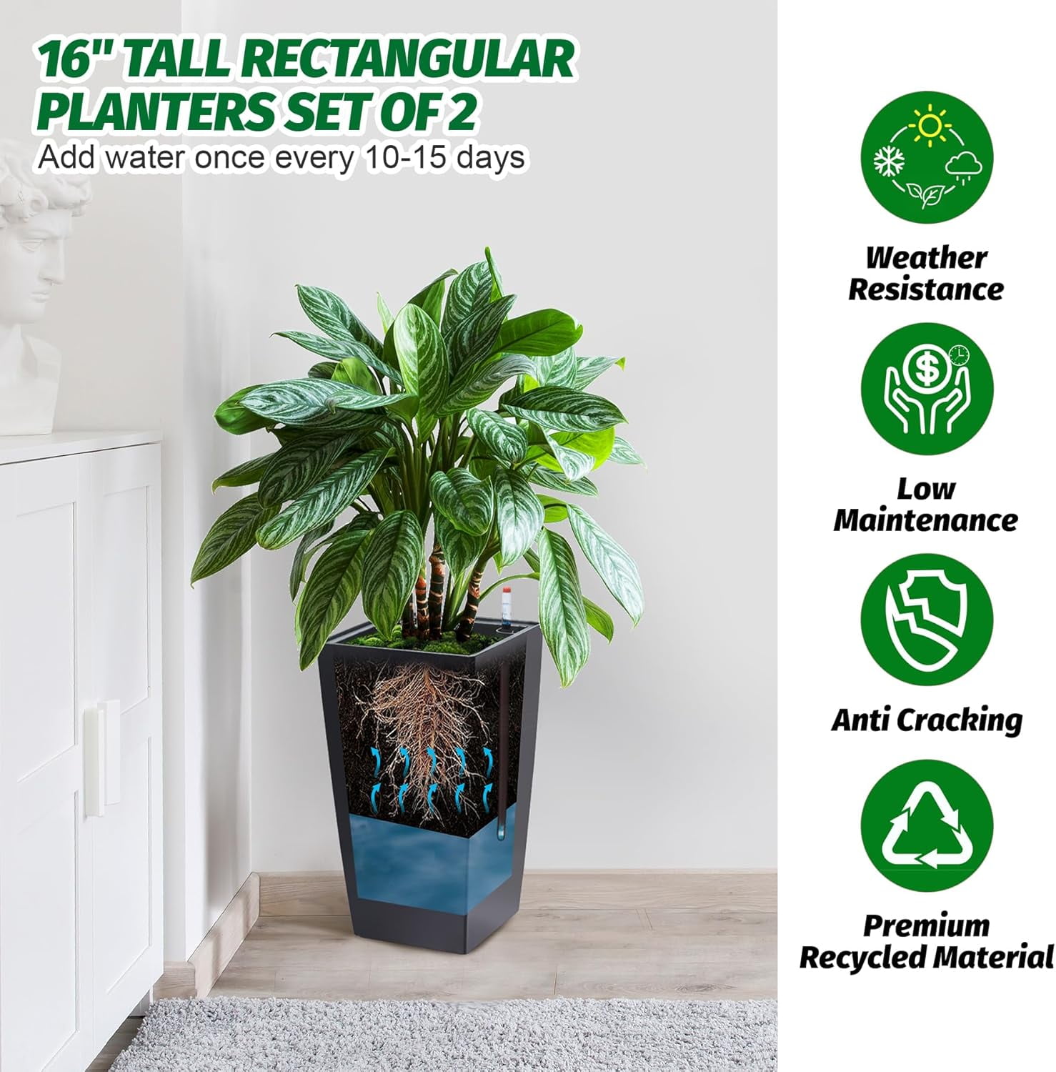 Rectangular Planters Set of 2 Large Modern Plant Pots with Drainage Holes＆Water Level Monitor＆Wheels Outdoor and Indoor for Patio, Porch, Living Room, or Home Office