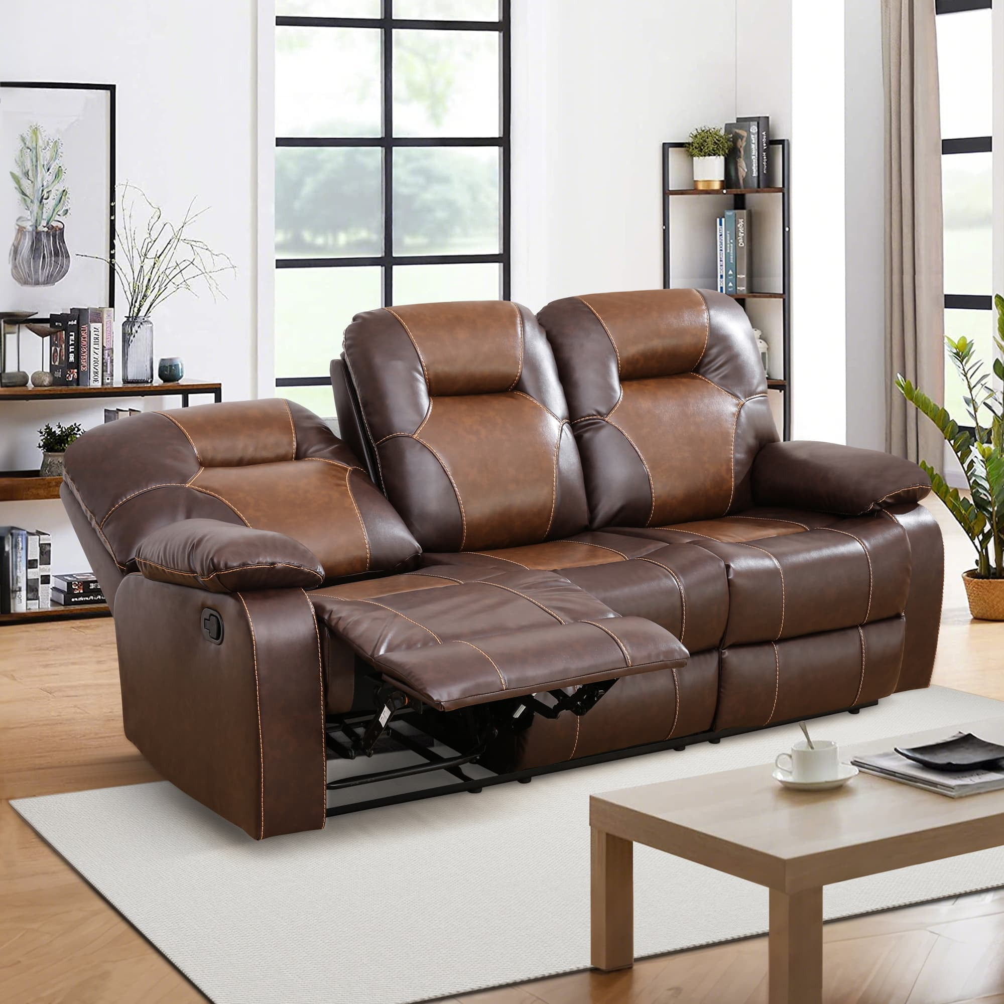 MAYEERTY Reclining Sofa, 3-Seat Breathable Leather Recliner with Reversible Coffee Table for Living Room, Brown