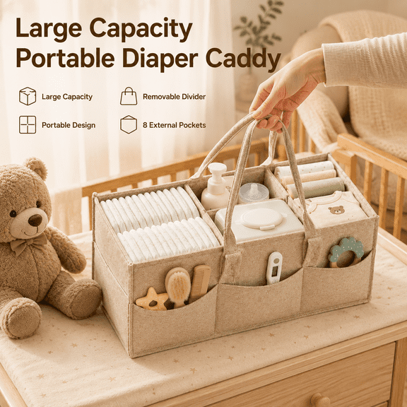 Baby Diaper Caddy Organizer – Felt Storage Bin with Handles, 8 Exterior Pockets, 15 x 9 x 7 in, Khaki, Nursery & Travel Organizer