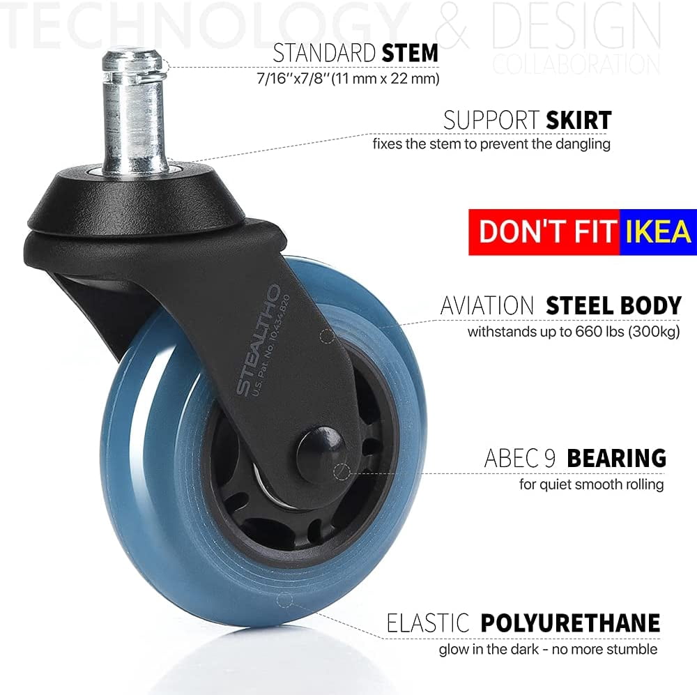 Stealtho Office Chair Caster Wheels Replacement Set of 5, Soft Polyurethane Blue Safe Hardwood Floor