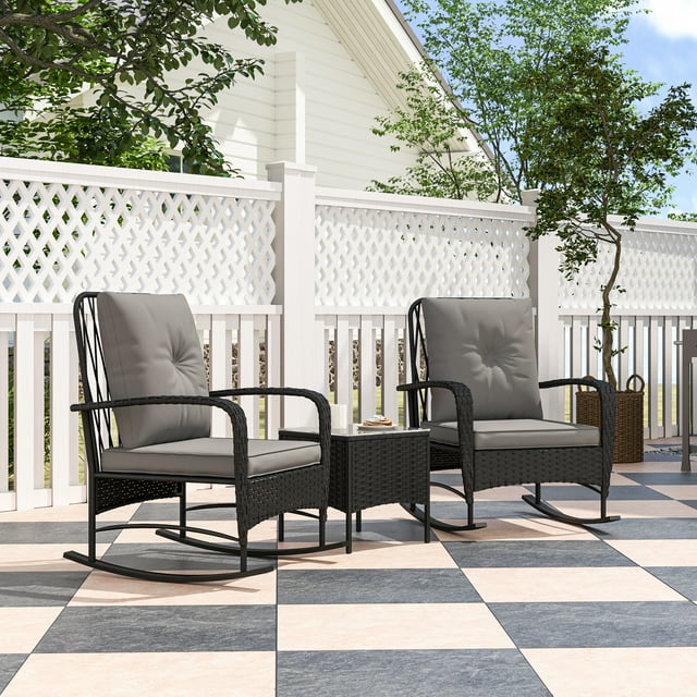 Black PE Rattan 3-Piece Patio Furniture Set with Rocking Chairs & Tempered Glass Table for Small Balconies & Patios - Durable Outdoor Seating