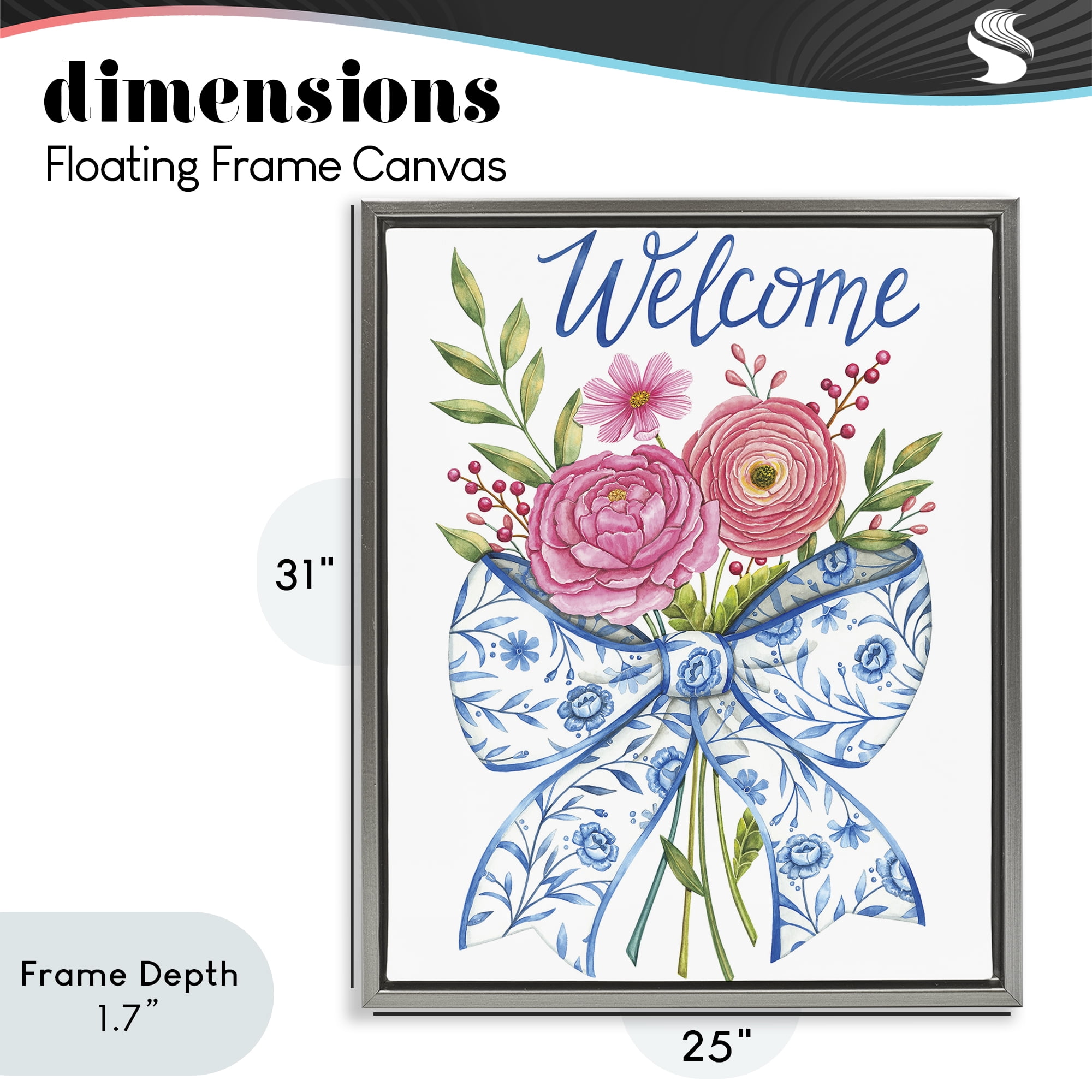 Stupell Industries Bow & Flowers Welcome Gray Framed Floater Canvas Wall Art, design by Deb Strain