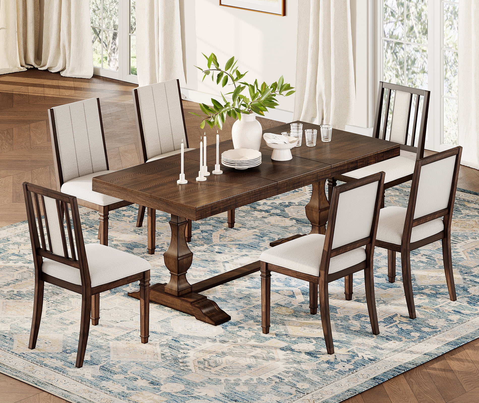 WAMPAT 7-pieces Farmhouse Dining Table Set for 6-8,74.8" Kitchen Table with Chairs,Solid Wood Legs and Upholstered Back for Dining Room & Living Room,Espresso