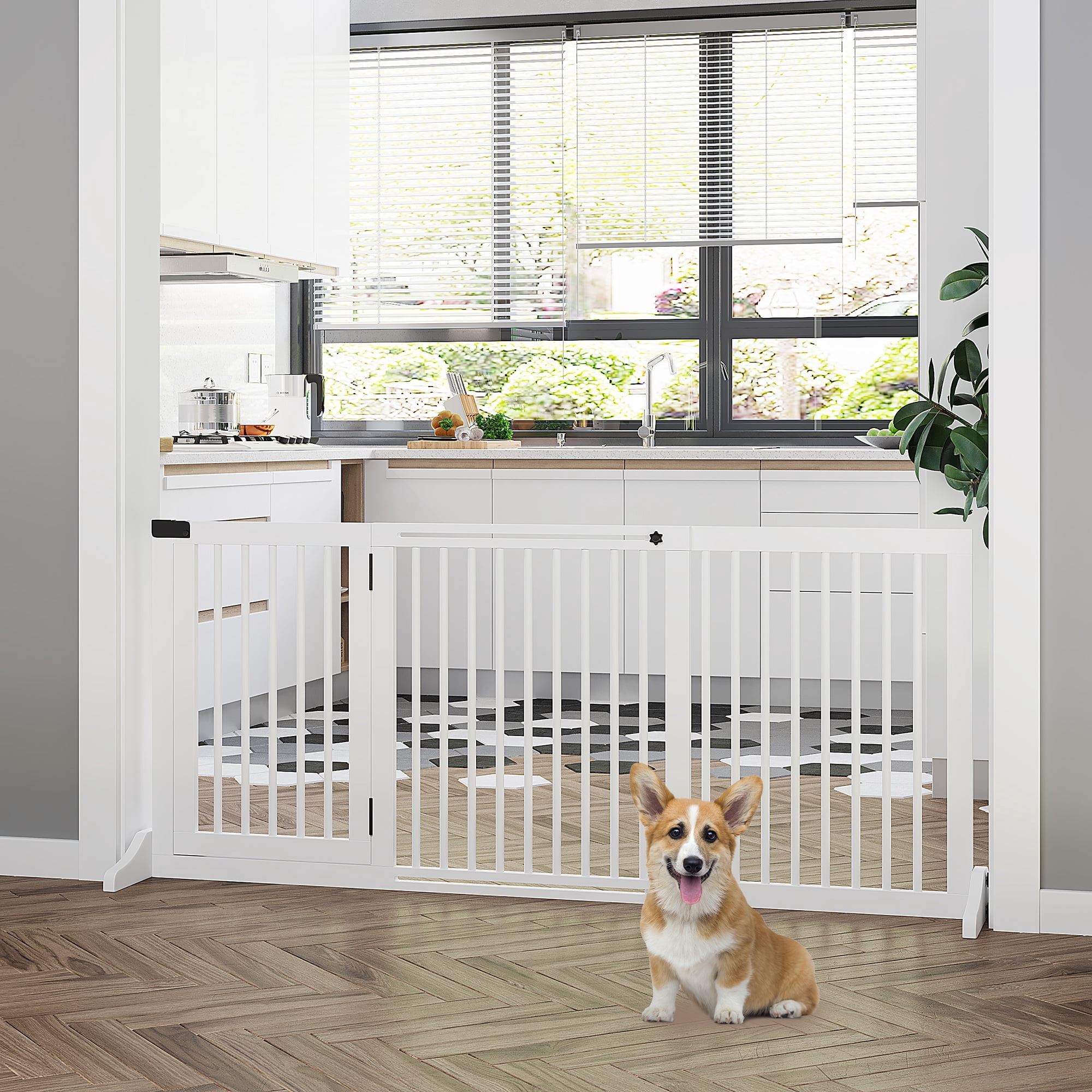 PawHut Adjustable Wooden Pet Gate, Freestanding Dog Fence for Doorway Hall, 3 Panels w/ Safety Barrier Lockable Door, White, 44.5"-65.25"L x 14.25"H
