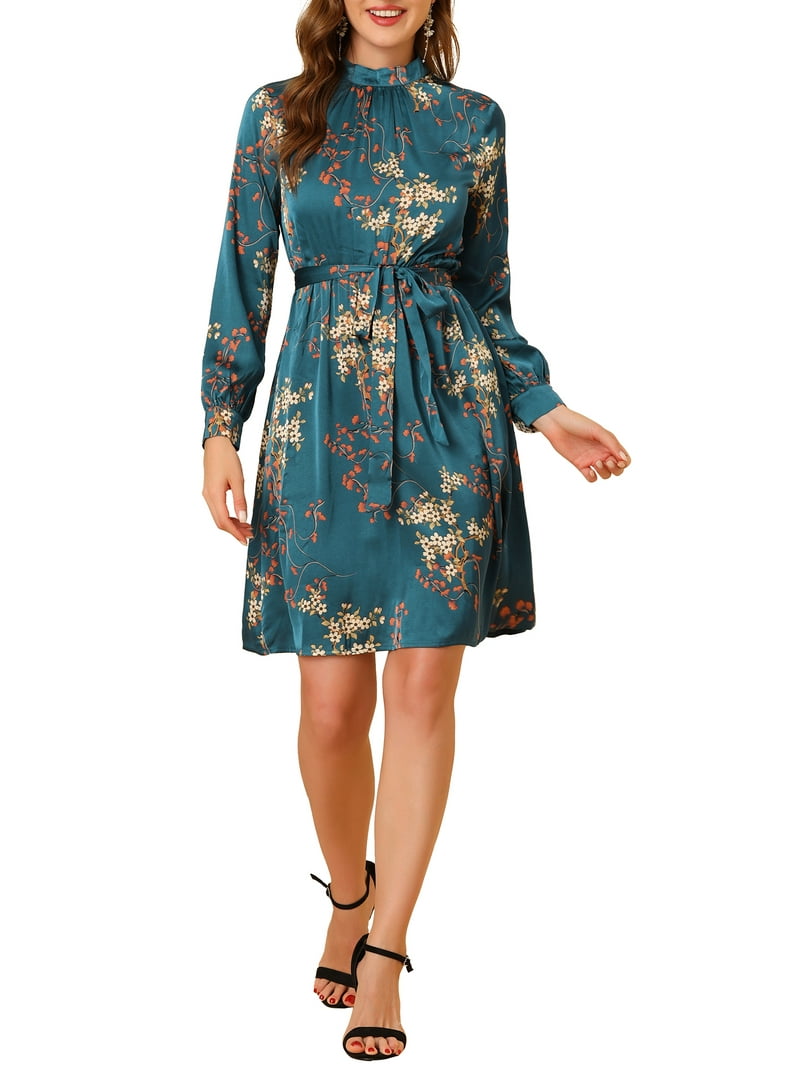 INSPIRE CHIC Women's Floral Dress Mock Neck Long Sleeve Tie Waist Knee  Length Boho Dress L Satin Peacock Blue - Walmart.com