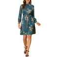 thumbnail image 3 of INSPIRE CHIC Women's Floral Dress Mock Neck Long Sleeve Tie Waist Knee Length Boho Dress M Satin Peacock Blue, 3 of 8