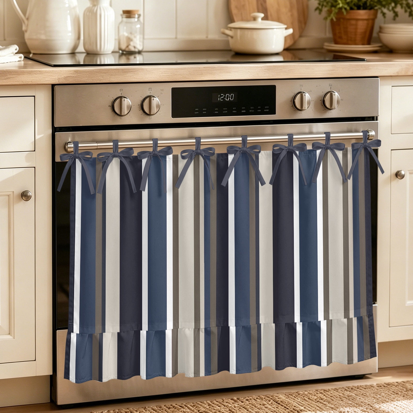 Oven Curtain for Kitchen Navy Blue Stripe Gradient Geometric Stove Curtain With Ruffled Trim Dishwasher Curtains Vintage Minimal Art Oven Skirt 30 x21.5