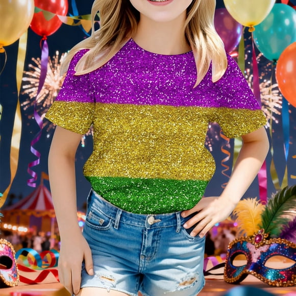 Tween Girls Carnival T-shirt Girls Carnival Tees Green Short Sleeve Festival Tops Comfortable Blend Girls Clothes 12-13 Years