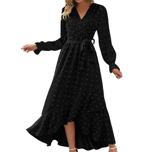 Vestido largo boho con cuello en V y manga larga para mujer - Aterciopelado con abertura, poliéster, vestido de cóctel para bodas y fiestas
