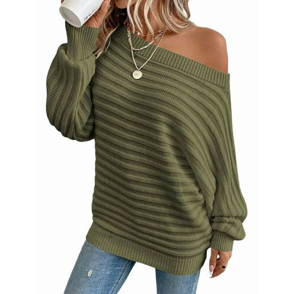 Womens Fall Sweaters Off the Shoulder Batwing Sleeve Textured Knit Tops Oversized One Shoulder Sweater  Green XL