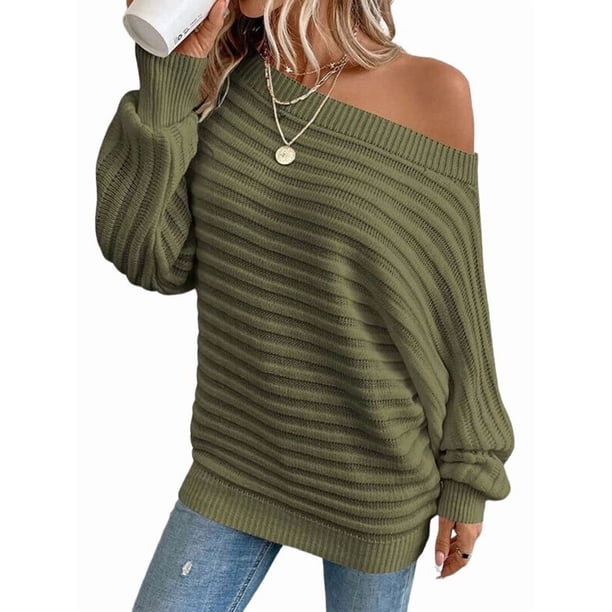 Suéteres de Otoño para Mujer, Hombros Descubiertos, Mangas Murciélago, Tops de Punto Texturizados, Suéter Extragrande de un Solo Hombro. Verde XL