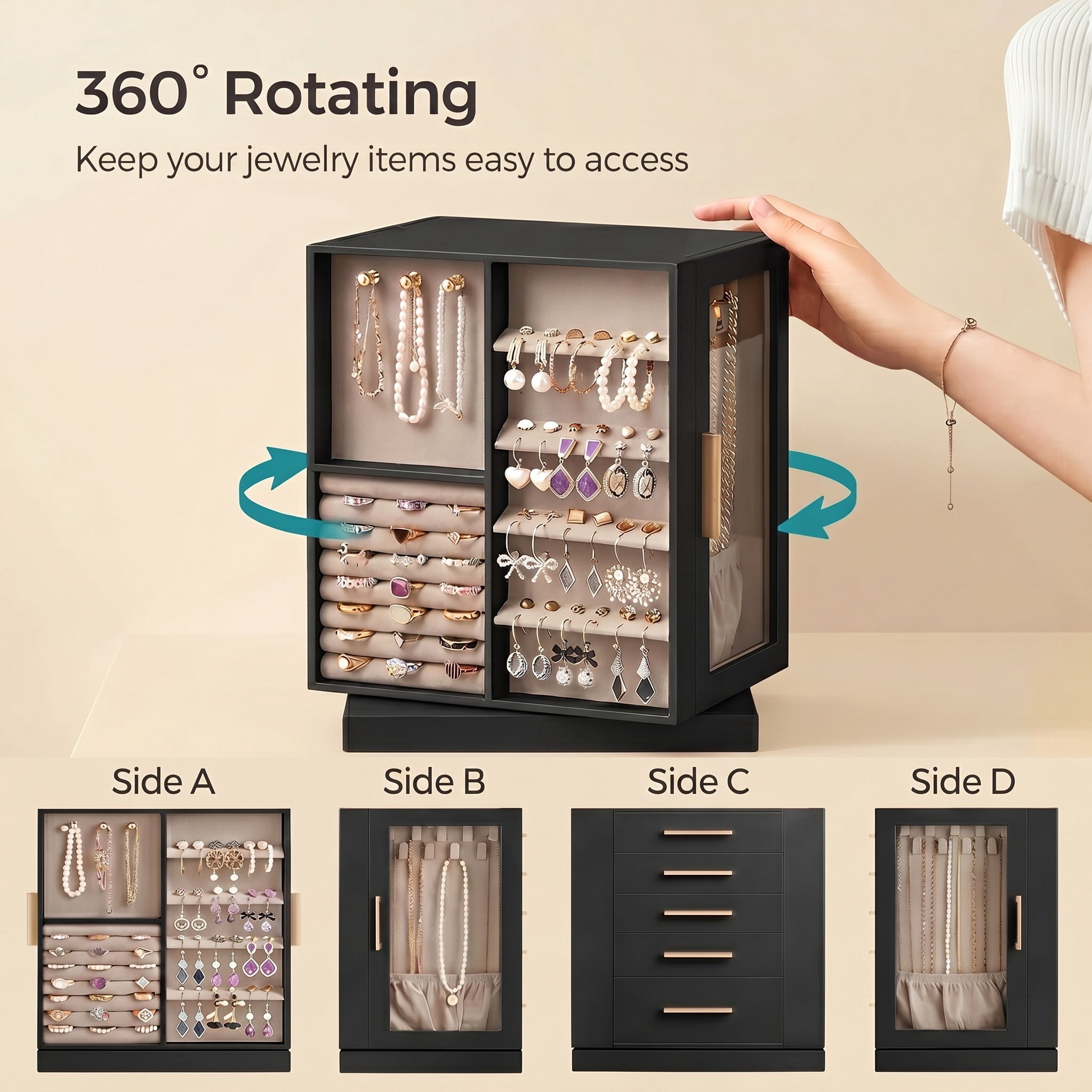 Nordic Hygge 360° Rotating 5-Drawer Jewelry Box with Glass Window, Graphite Black