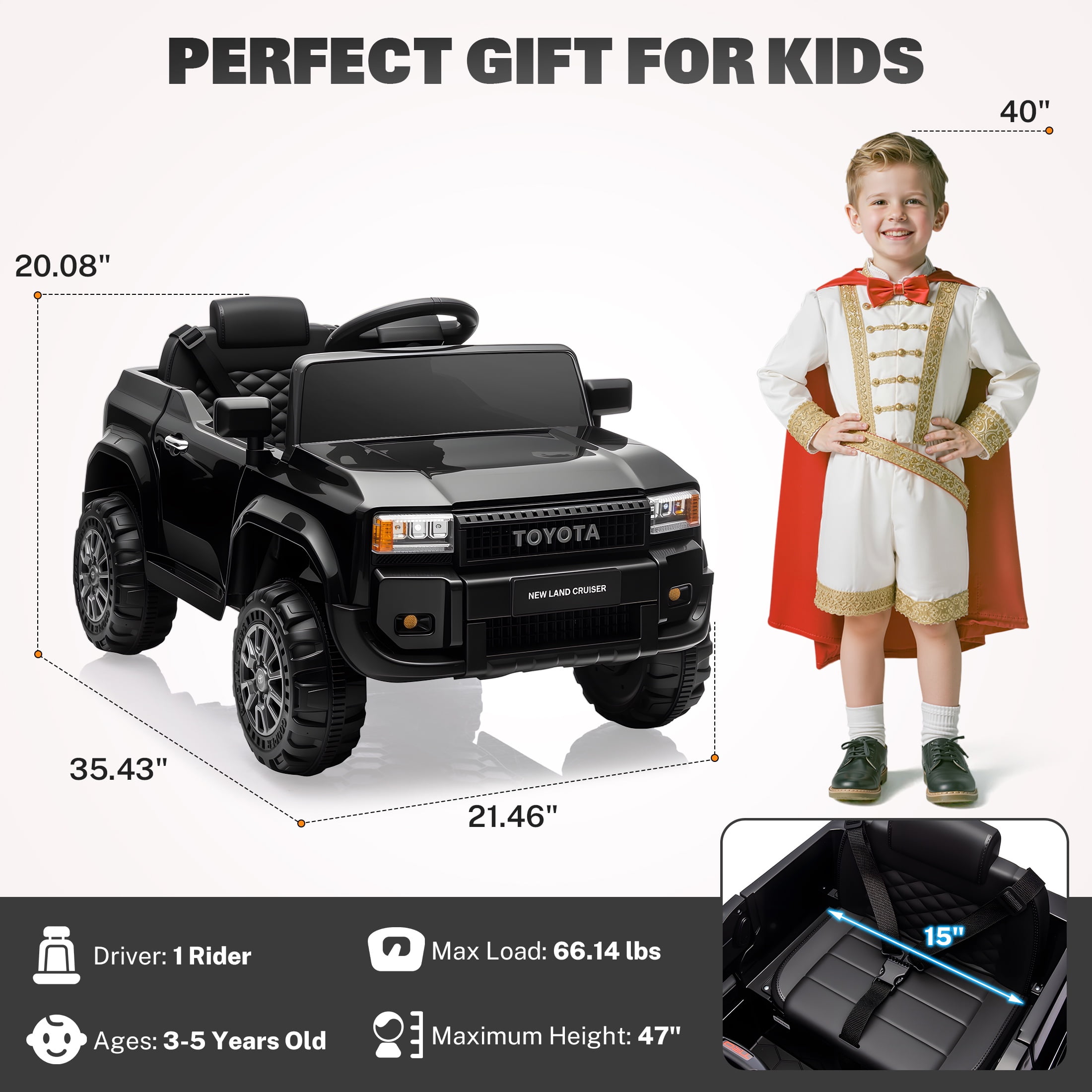 12V Ride on Cars with Remote Control, Licensed Toyota LC250 2024 Ride on Toys Vehicle with Bluetooth, Music, AUX/USB Port, Powered Kids Electric Car for Toddlers Boys Girls Ages 3-5 Gift, Black