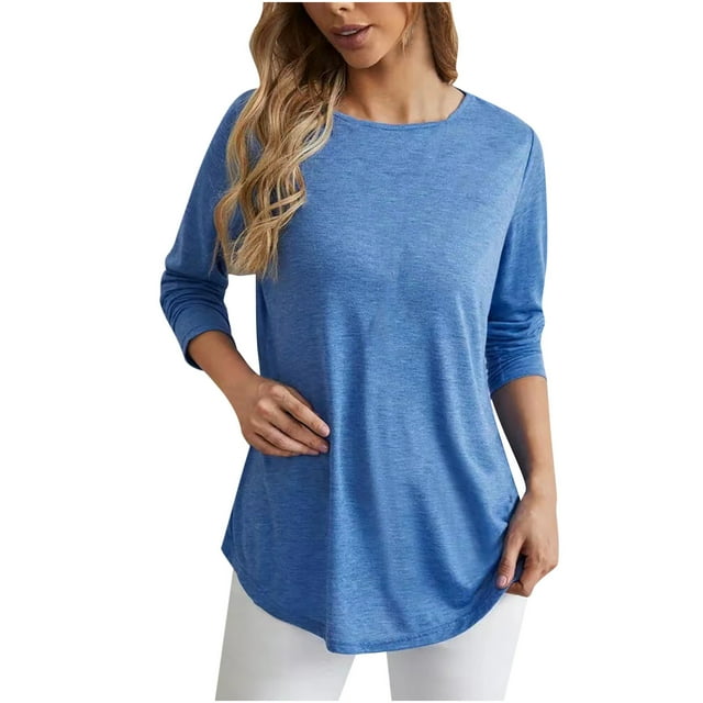 Timegard Womens Plus Size Tops Crewneck Long Sleeve Back Button Comfy Blouse Solid Color Casual Loose Tops