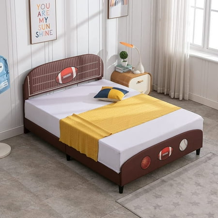 Mjkone Full Size Kids Beds Children Upholstered Toddler Bed with Curved Rugby Design Headboard Brown Platform Frame for Boys & Girls Teens  No Box Spring Needed (Brown)