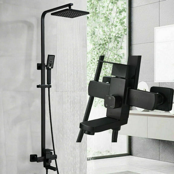 Black Complete Shower System 8" Rain Shower Head Combo Exposed Shower Faucet Set