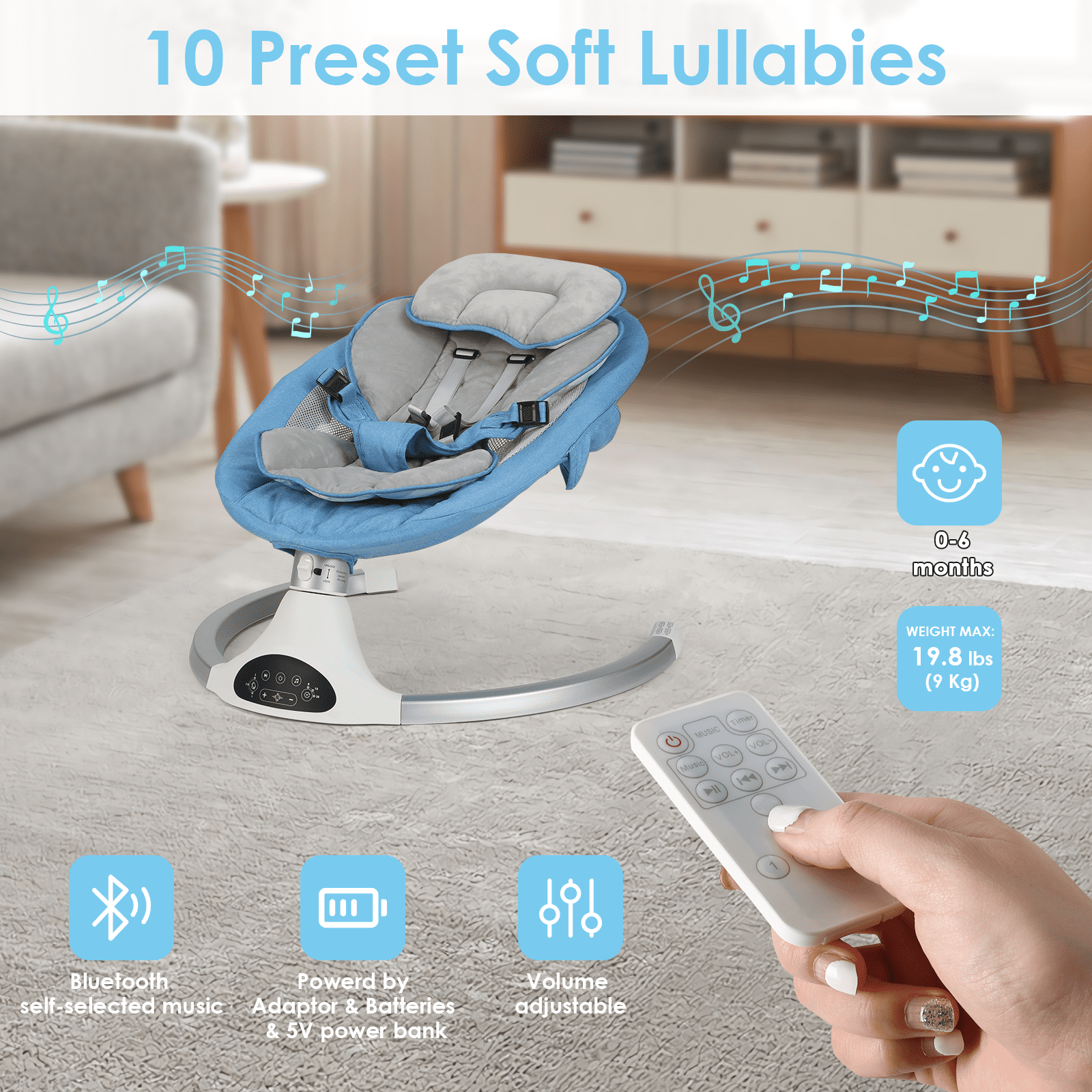 Baby Swing for Infants - Electric Indoor Baby Rocker 3 Speeds and 10 Lullabies, Portable, Touch Screen & Remote Control, Blue