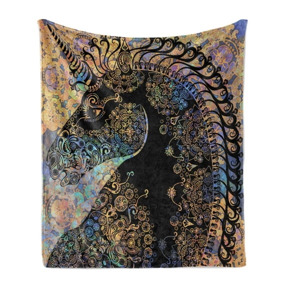 Unicorn Soft Flannel Fleece Throw Blanket, Fairytale Horse Profile Circular Mandala Flower Boho Motif Artwork, Cozy Plush for Indoor and Outdoor Use, 60" x 80", Multicolor, by Ambesonne