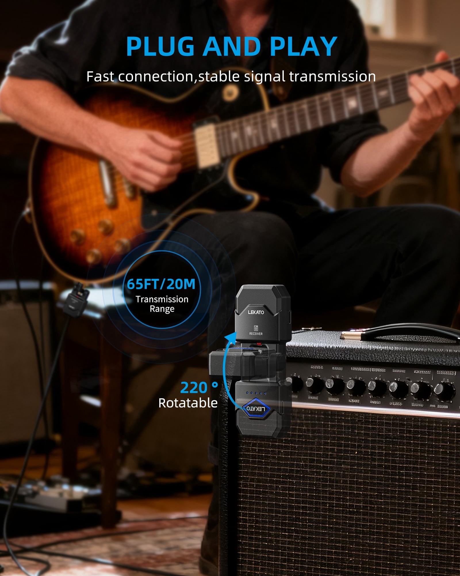 LEKATO WS-200 2.4GHz Wireless Guitar Transmitter & Receiver Set with Charging Case,15 Hours Battery Life, 4 Channels, Rechargeable 1/4" Plug for Guitar, Bass and Electric Instruments