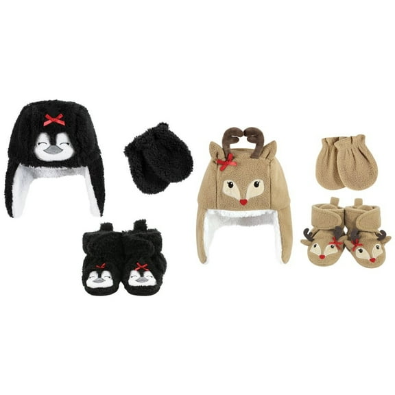 Hudson Baby Infant Girl 6Pc Trapper Hat, Mitten and Bootie Set, Girl Penguin Girl Reindeer, 0-6 Months