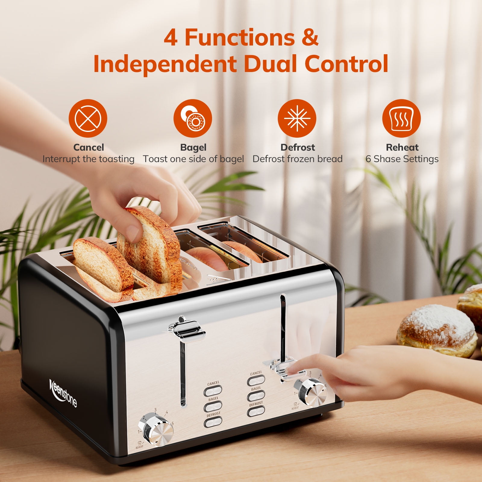 Toaster 2 Slice, Keenstone Stainless Steel Retro Toaster with Timer, Wide  Slot, Defrost/Reheat/Cancel Fuction, Removable Crumb Tray, Blue