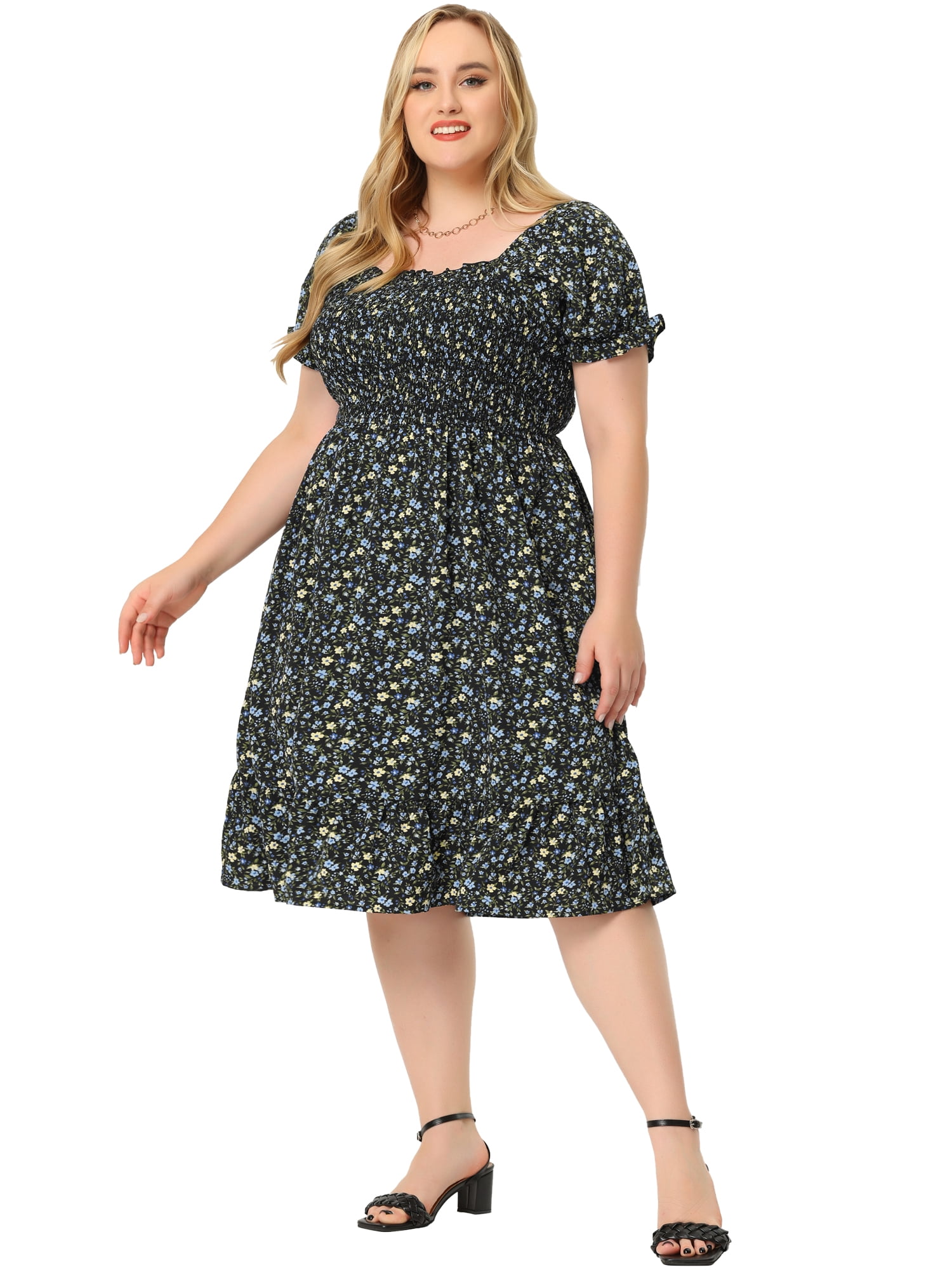 DARING DIVA Plus Size Flared Flowy Smock Ruffle Sleeve Floral Dress 3X Black