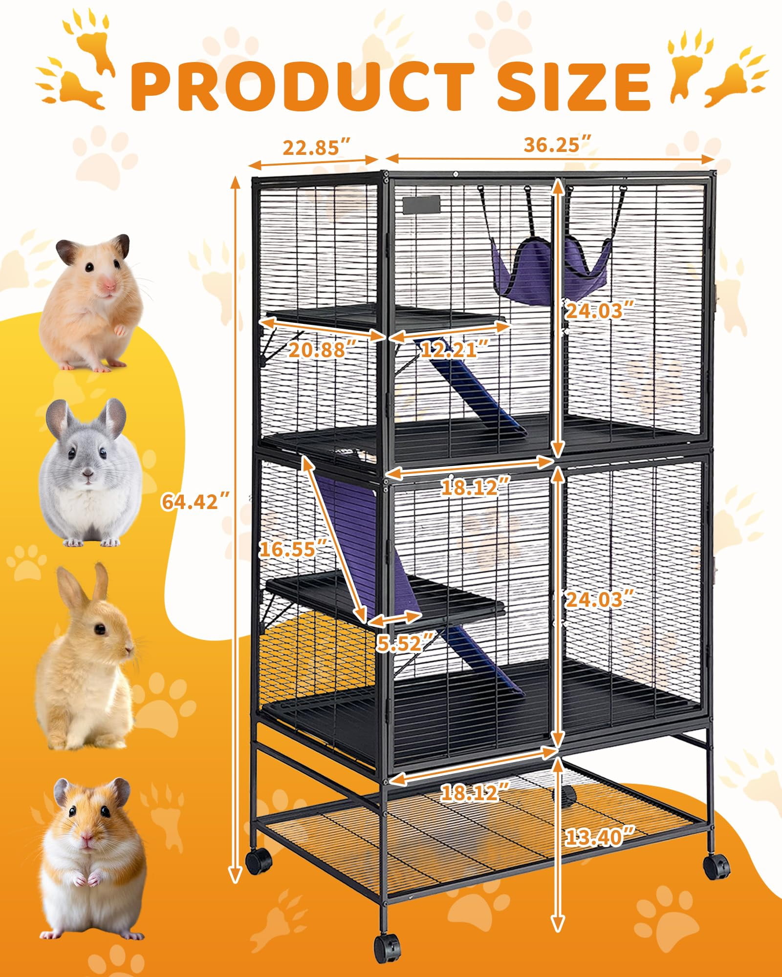 4-Tier Heavy-Duty Small Animal Cage for Ferrets, Chinchillas, Guinea Pigs, Hamsters, Rabbits – Metal Construction, Ramp, Hammock, Storage Shelf, Removable Tray – Easy Assembly & Cleaning