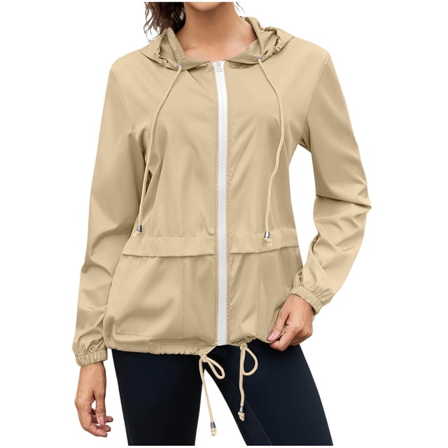 Dagegui Veste de Pluie Extérieure pour Femmes Imperméable Légère Imperméable à Capuche avec Poches Beige G