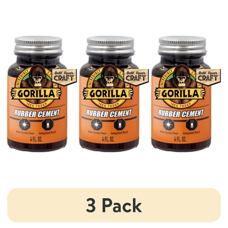 (3 pack) Gorilla 4 Ounce Crystal Clear Rubber Cement Bottle with Brush Applicator (Model 105779), 1 Pack, New