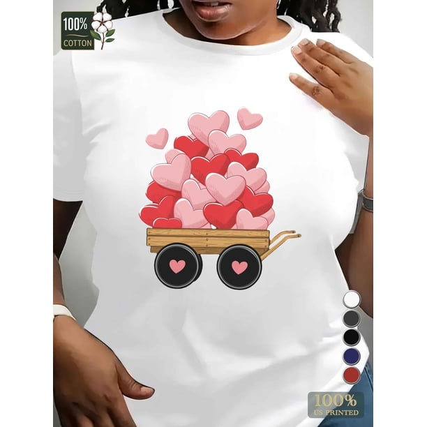 Camiseta de San Valentín para mujer: corte cómodo, algodón, cuello redondo informal con diseño geométrico de corazón. Para adultos, hombres, mujeres, adolescentes, jóvenes.