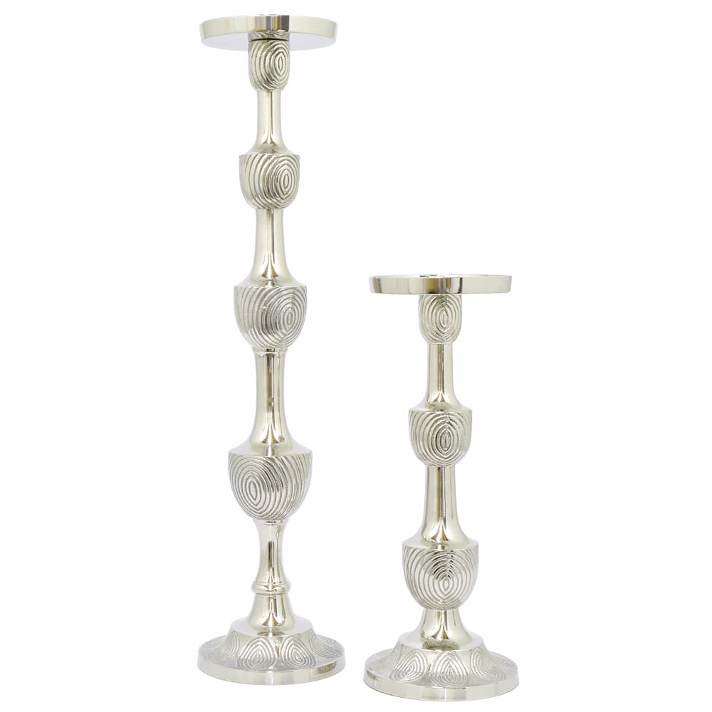 39539 Enthralling Pillar Candle Holder Set of 2 Silver Benzara