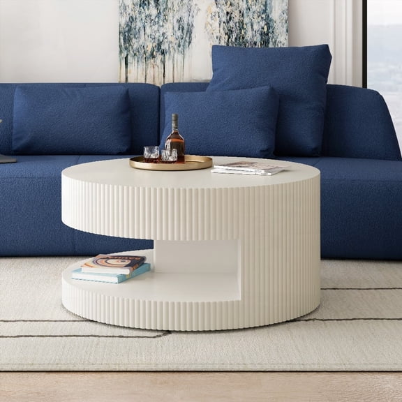 31.5'' Round Modern Coffee Table with Storage & Vertical Stripe Design for Living Room (White)