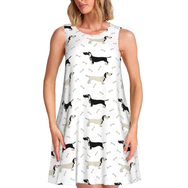 Easygdp Dachshund Dog para Vestido Transpirable de Mujer, Vestido Suelto de Manga Corta con Pliegues y Bolsillos para el Verano