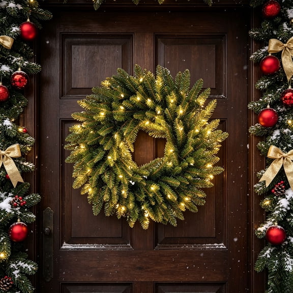 Christmas Wreath Pre Lit Artificial Pine Hanging Garland Illuminated Ornament for Front Door Decoration