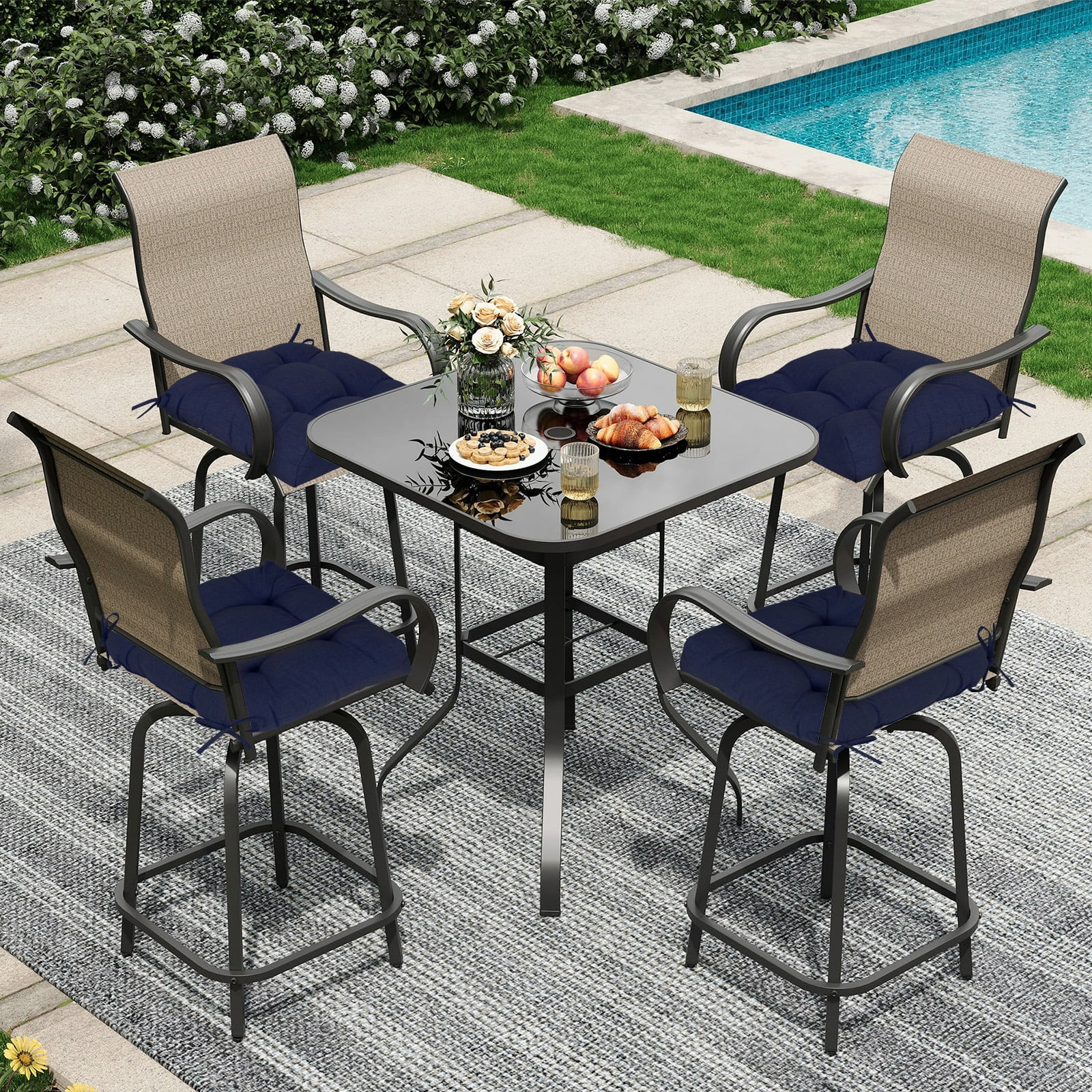 Aoodor 19x19x5 Inch Tufted Outdoor Chair Cushions, Water and Fade Resistant Polyester Dining Chair Pads with Ties for Patio Furniture, Set of 2, Dark Blue