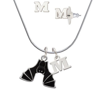 Hanging Bat – M Initial Charm Necklace and Stud Earrings Jewelry Set