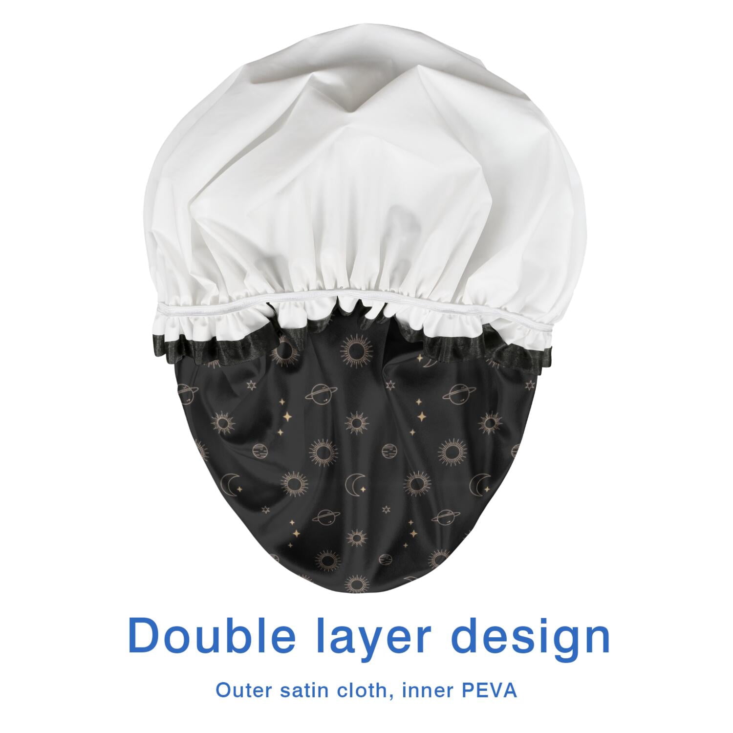 Shower Caps,Black Gold Sun Moon Planet Pattern Waterproof Shower Cap for Women 4 Pieces,Double Reusable Hair Cover for Shower PEVA Elastic Stretch Hem