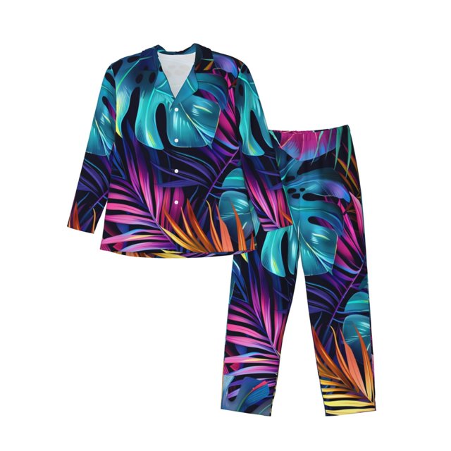 Balery Colorful Tropical Leaves Pijama para Hombre de Dos Piezas con Manga Larga, Conjunto de Dormir y Descanso Suave con Bolsillos-X-Large
