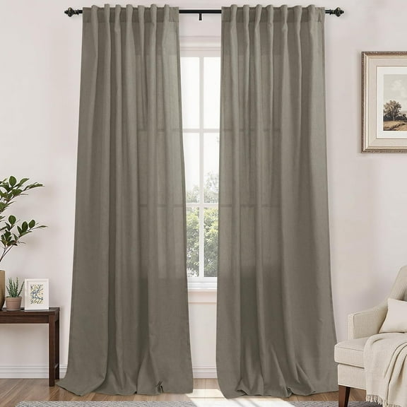 102 Inch Long Linen Curtains 102 Length for Living Room,Taupe Linen Back Tab Tailored Pleated Pleat Rod Pocket Light Filtering Semi Sheer Curtain for Bedroom Set of 2 Panels,Light Brown,8.5FT