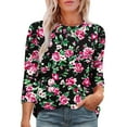 thumbnail image 2 of CYMMPU Floral Printed Round Neck Blouses for Women Dressy Casual Loose Fit Tunic Tops Spring Tops Fall Fashion Shirts 3/4 Sleeve Lightweight Basic T-Shirts Black M, 2 of 5