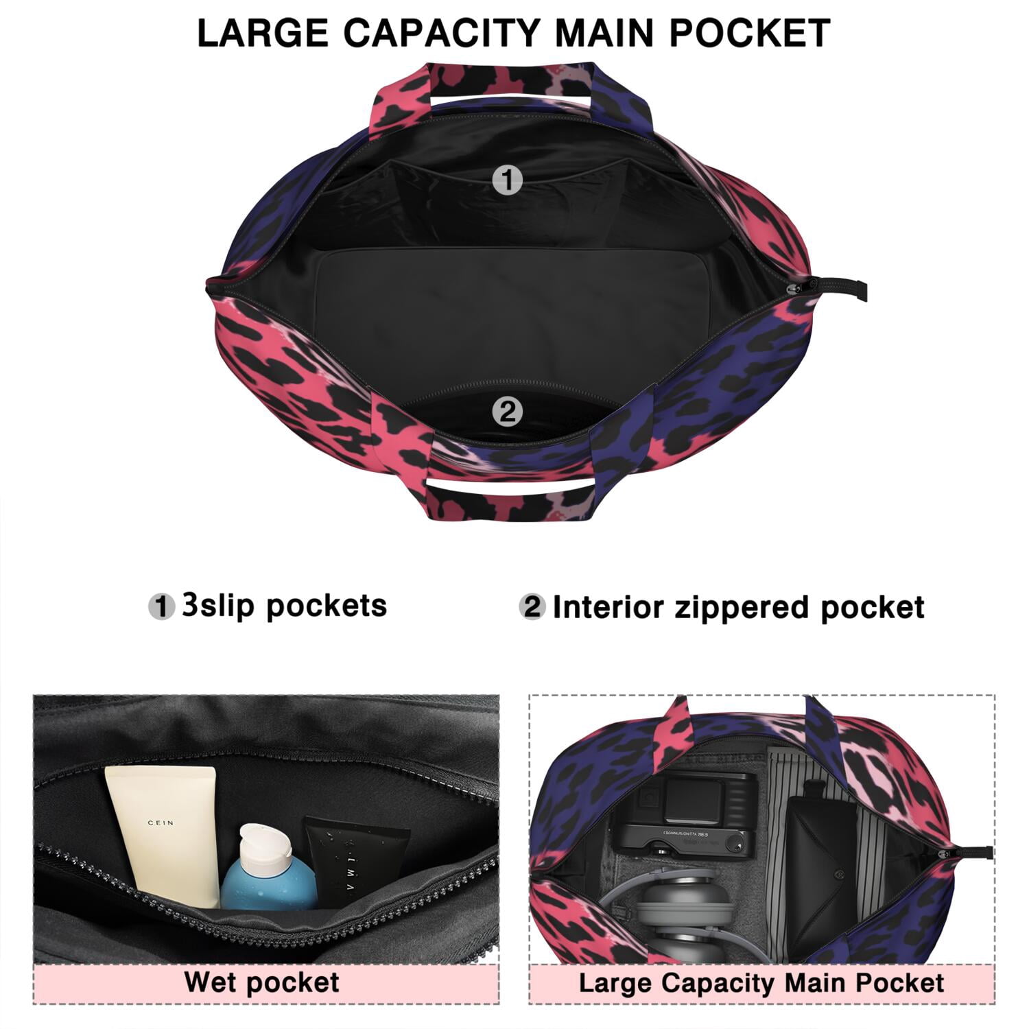 Pink and Black Of Leopard Print Travel Tote Bags for Women Carry On,Large Weekender Bags for Women Travel,Multi Functional Duffle Bag for Work,Shopping,Sports