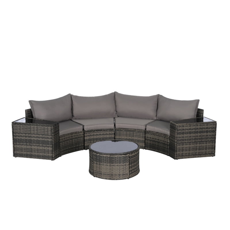 7-Piece Patio Furniture Set with Round Coffee Table, All Weather Wicker PE Rattan Half-Moon Curved Sectional Sofa Set with 2 Side Table for Backyard