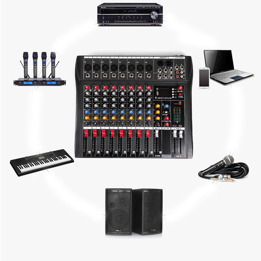 Professional Audio Mixer with 8 Mic Inputs, 3-Band Equalizer, 6 Built-in Music Styles, Real-time Monitoring, Ideal for Sound Customization