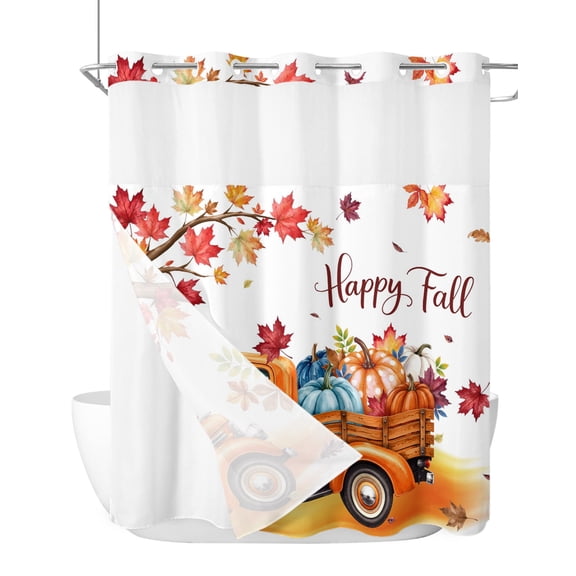 No Hook Shower Curtain, Happy Fall Standard Shower Curtains with Snap in Liner, Orange Truck Maple Leaves Branch Thanksgiving Waterproof Washable Fabric Bathroom Curtain Set, 66" x 72"