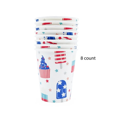 Disposable Ice Pops and Ice Cream Cones Paper Party Cups, Red/White/Blue, 9 oz, 8 Count, Patriotic by Way To Celebrate