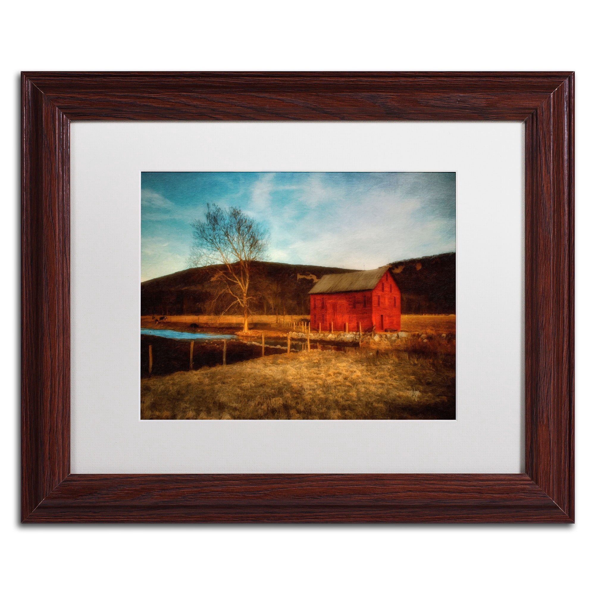 Trademark Fine Art "Red Barn at Twilight" Canvas Art by Lois Bryan, White Mat, Wood Frame