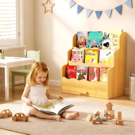 3-Tier Montessori Scalloped Kids Bookshelf – 29.6" Wide Natural Wood Forward-Facing Bookcase for Toddlers, Children’s Book Display & Organizer for Playroom, Nursery, Bedroom or Classroom