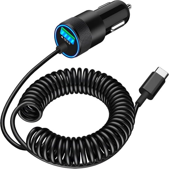 GJX Car Charger Fast Charging for Iphone, 75W Usb C Pd&Qc Car Power Cigarette Lighter Usb Charger with 6Ft Type C Coiled Cable for Iphone, Galaxy, Pixel