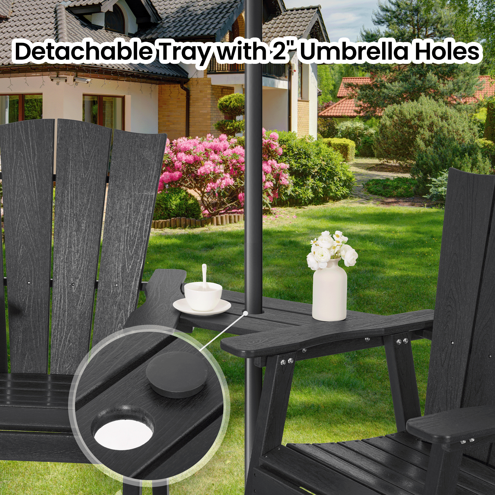 Naipo Tall Adirondack Chairs Set of 2,HDPE Outdoor All-Weather Bar Stool with Removable Connecting Tray Weather Resistant  Patio Furniture for Garden, Balcony, Porch, Pool, Black