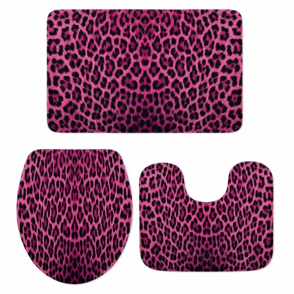 Retro Pink Leopard Bathroom Rugs Set Abstract Classic Texture Non Slip Absorbent Soft Bath Mats 3 Piece Set with Bathroom Rug, U-Shaped Floor Mat, Toilet Seat Cover Small Size